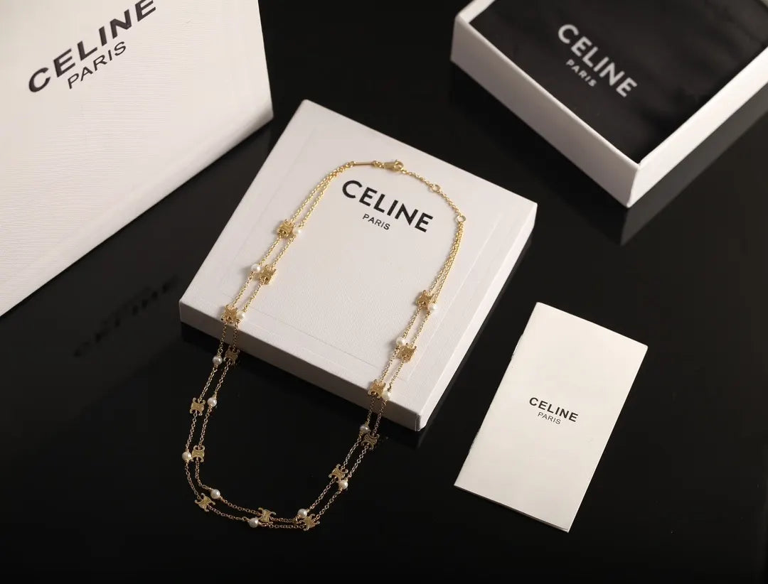 Celine Gold Pearl Necklace chain - Celine Gold Pearl Chain Necklace