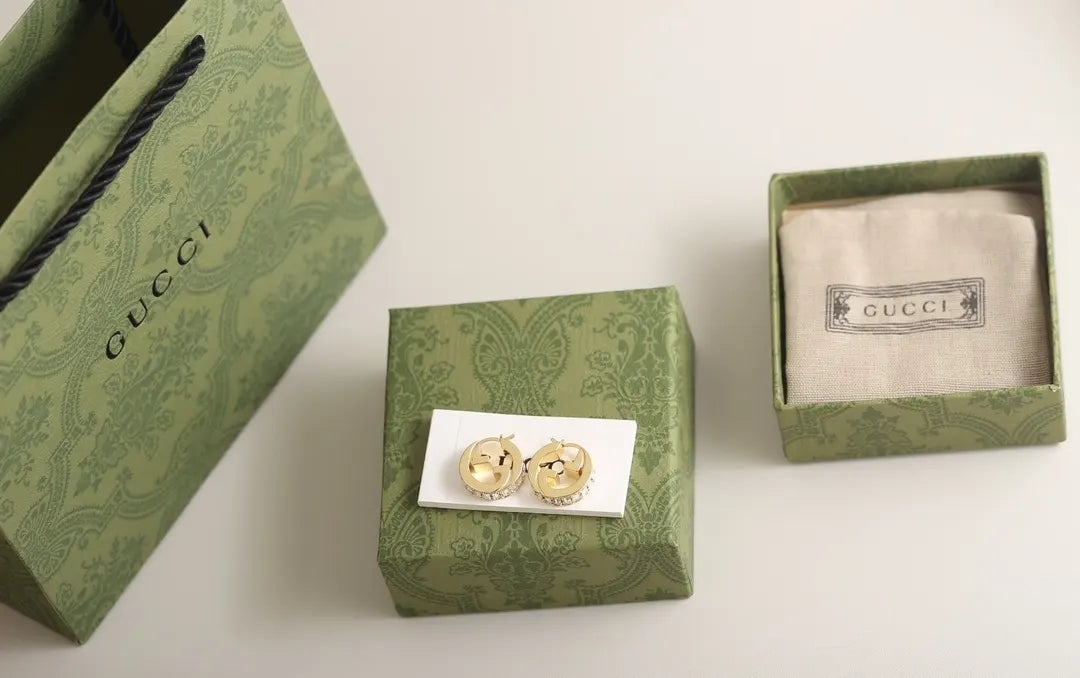 designer jewelry Gucci Gold GG Crystal Hoop Earrings - Gucci Gold GG