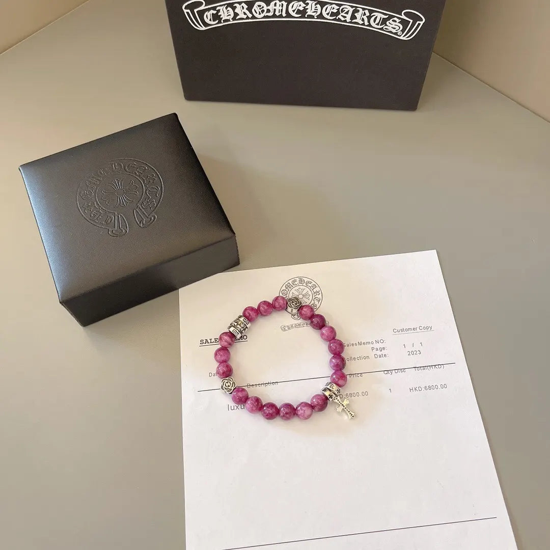 Chrome Hearts Pink Agate Beaded Bracelet - Premium Quality