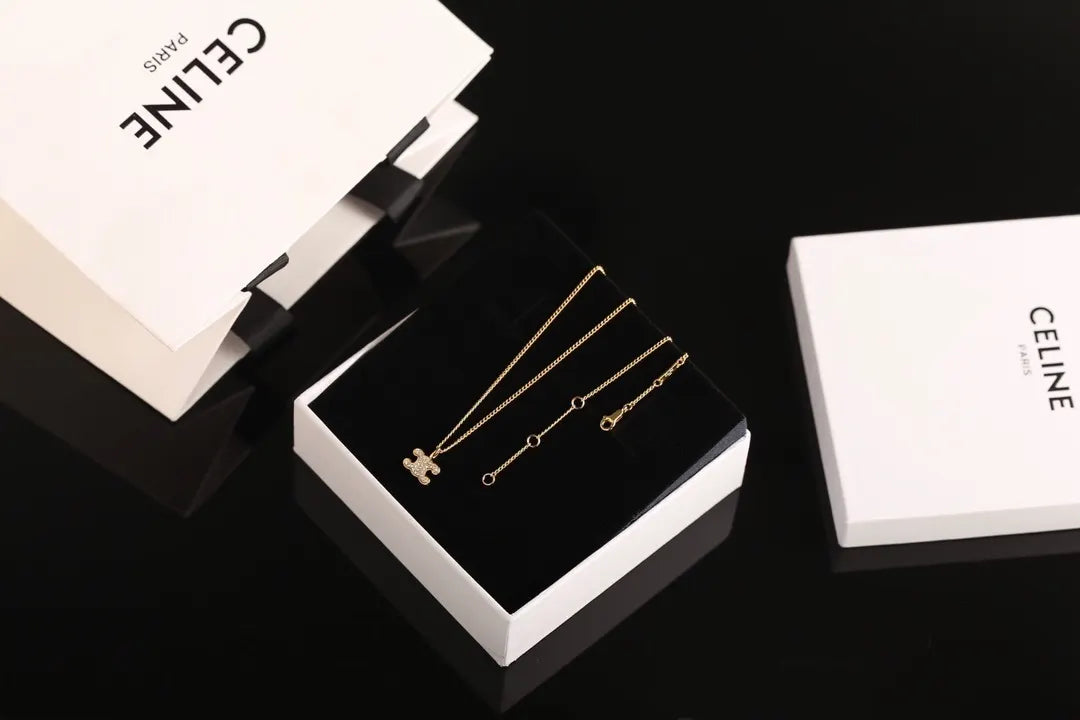 Celine Gold Diamond Pendant Necklace - Celine Triomphe Gold Diamond