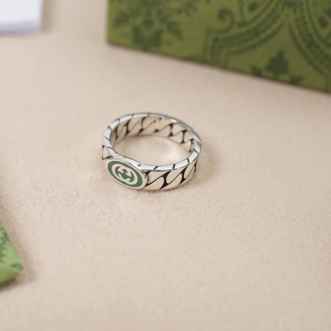 Gucci Silver Ring Green Enamel gg designer - Gucci Silver Ring Green