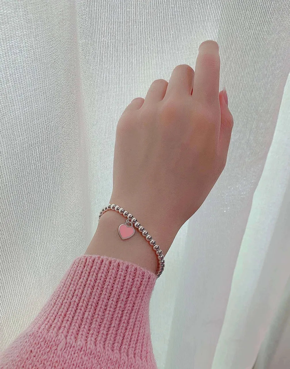 Premium Heart Charm Bead Bracelet - Sterling Silver