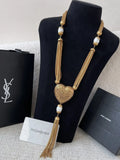 Saint Laurent Gold Heart Pearl Necklace tassel - Saint Laurent Gold