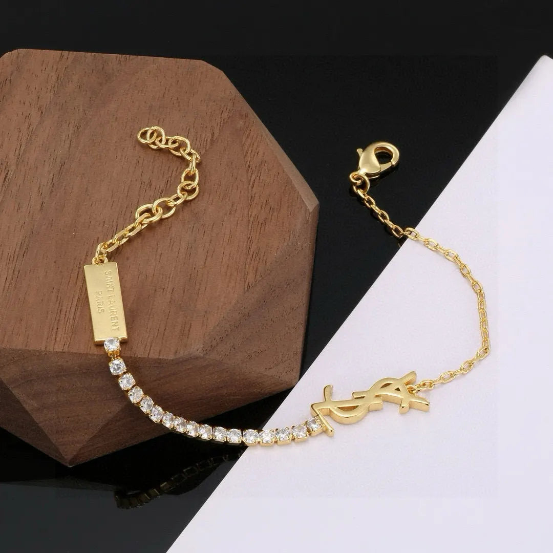 YSL Gold Rhinestone Bracelet - YSL Gold Rhinestone Y Necklace Bracelet