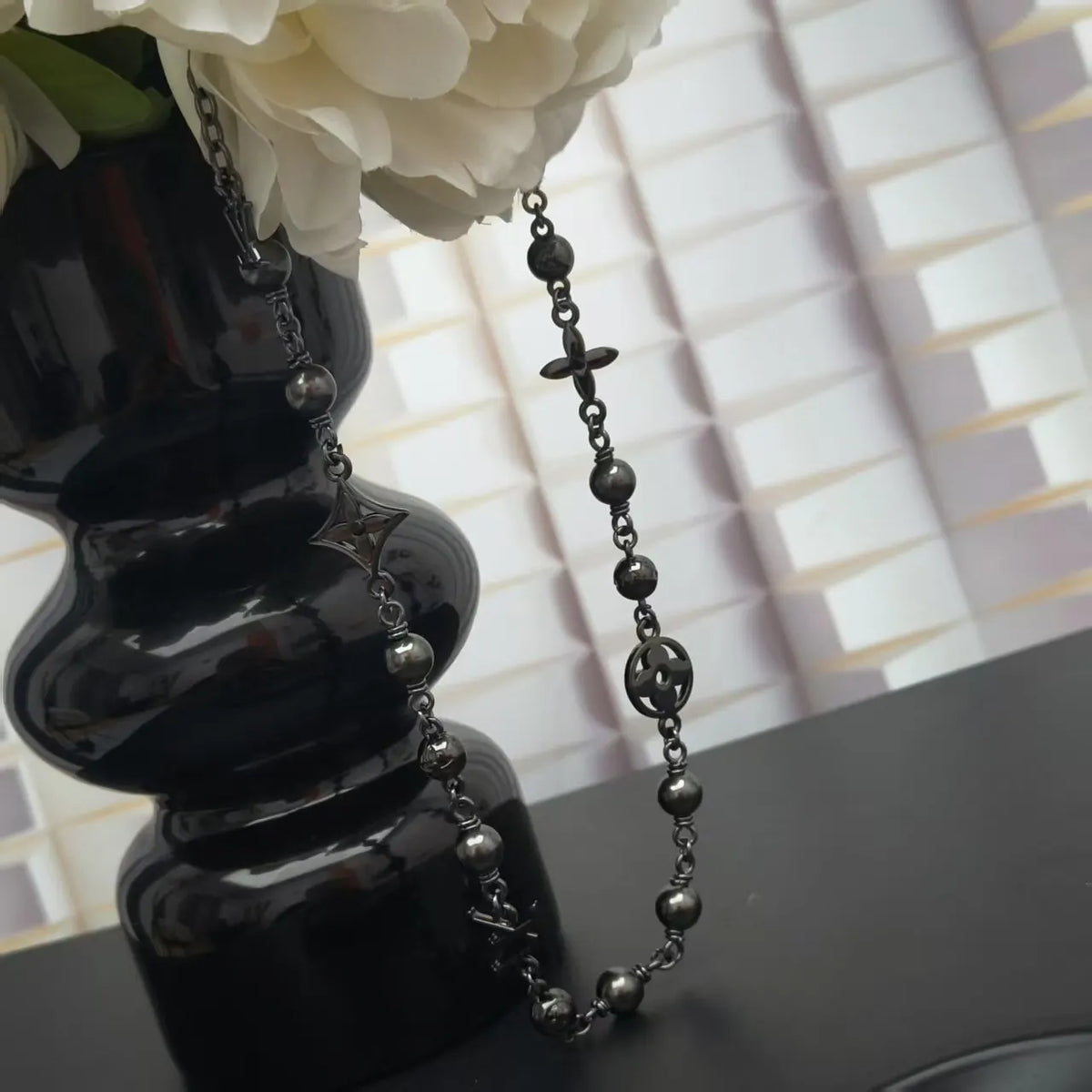 Louis Vuitton Black Pearl Chain Necklace - Gunmetal Finish