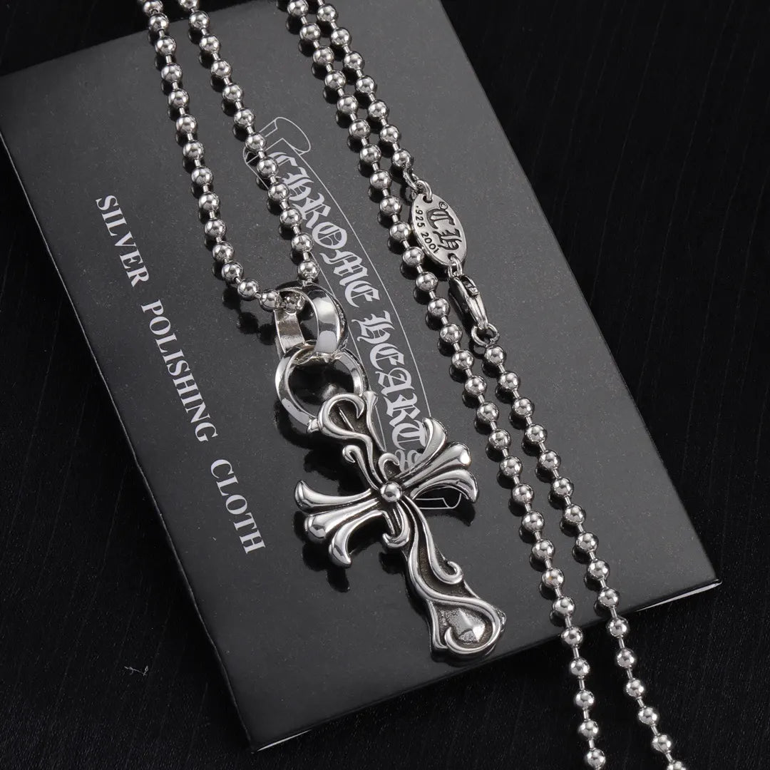 Chrome Hearts Silver Floral Cross Pendant - Beaded Chain