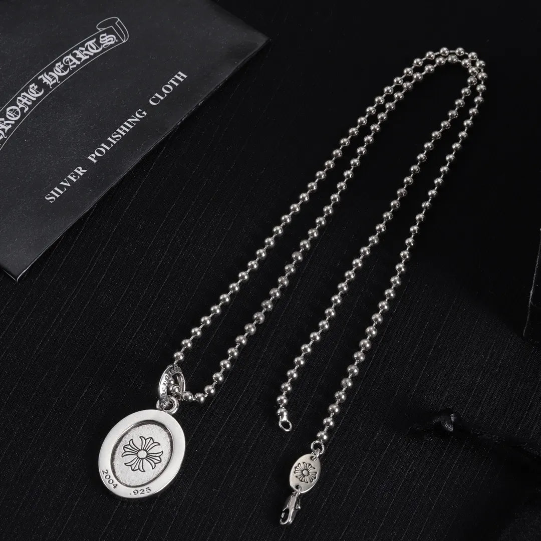 Chrome Hearts Silver Oval Cross Pendant Necklace