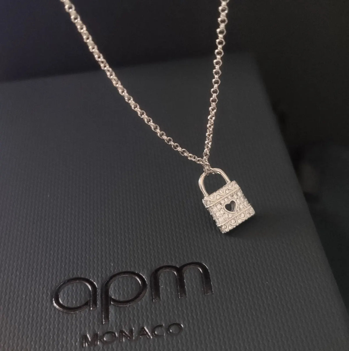 APM Monaco Silver Lock Heart Necklace - Crystal Pave