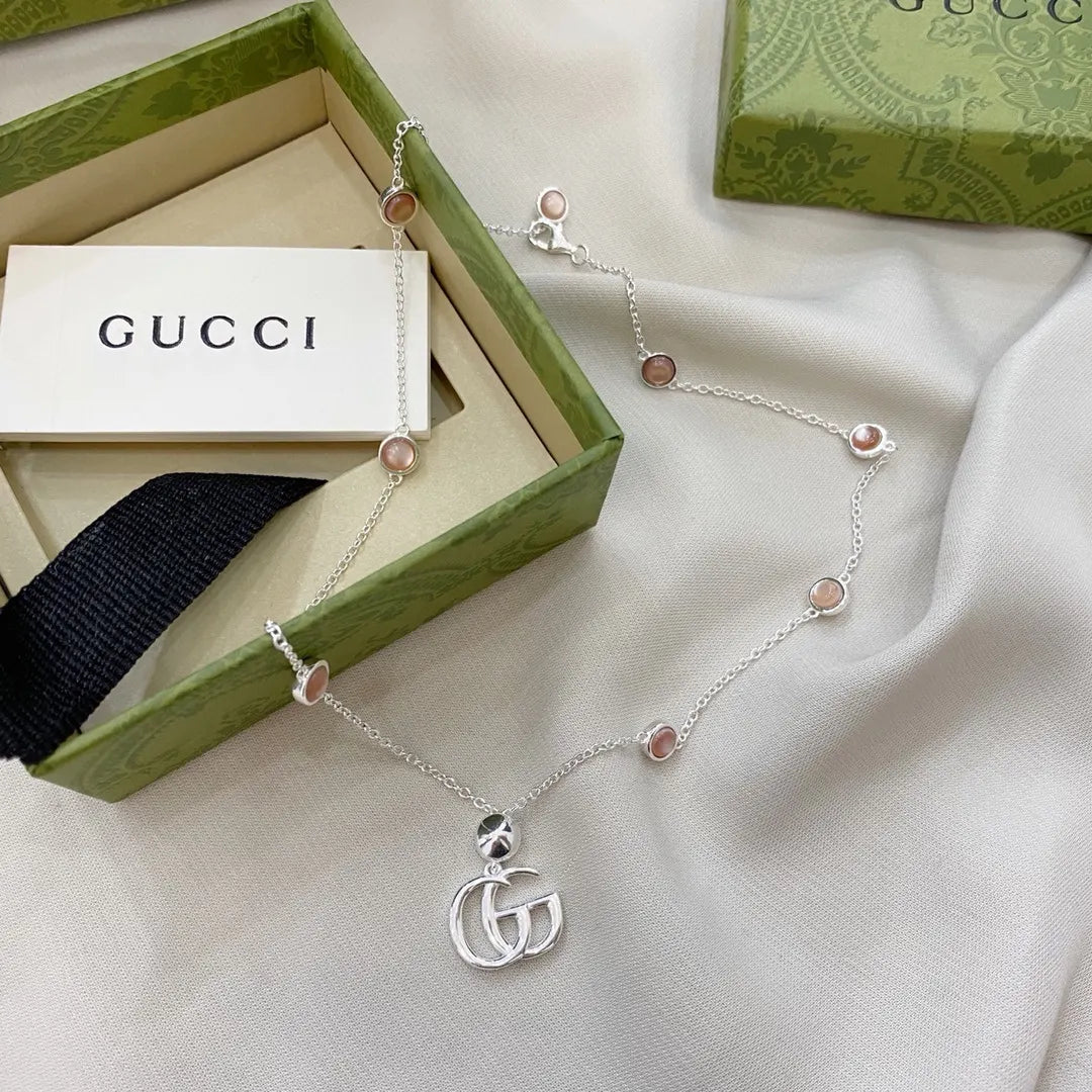Gucci Silver GG Pendant Necklace - Peach Accent