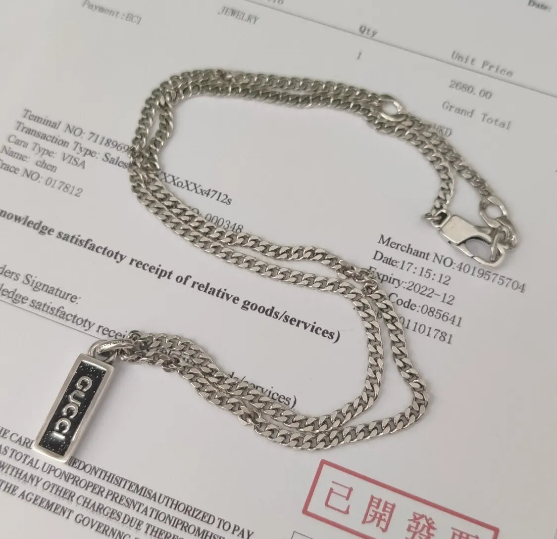 Gucci Silver Tag Necklace - Black Enamel Logo Pendant
