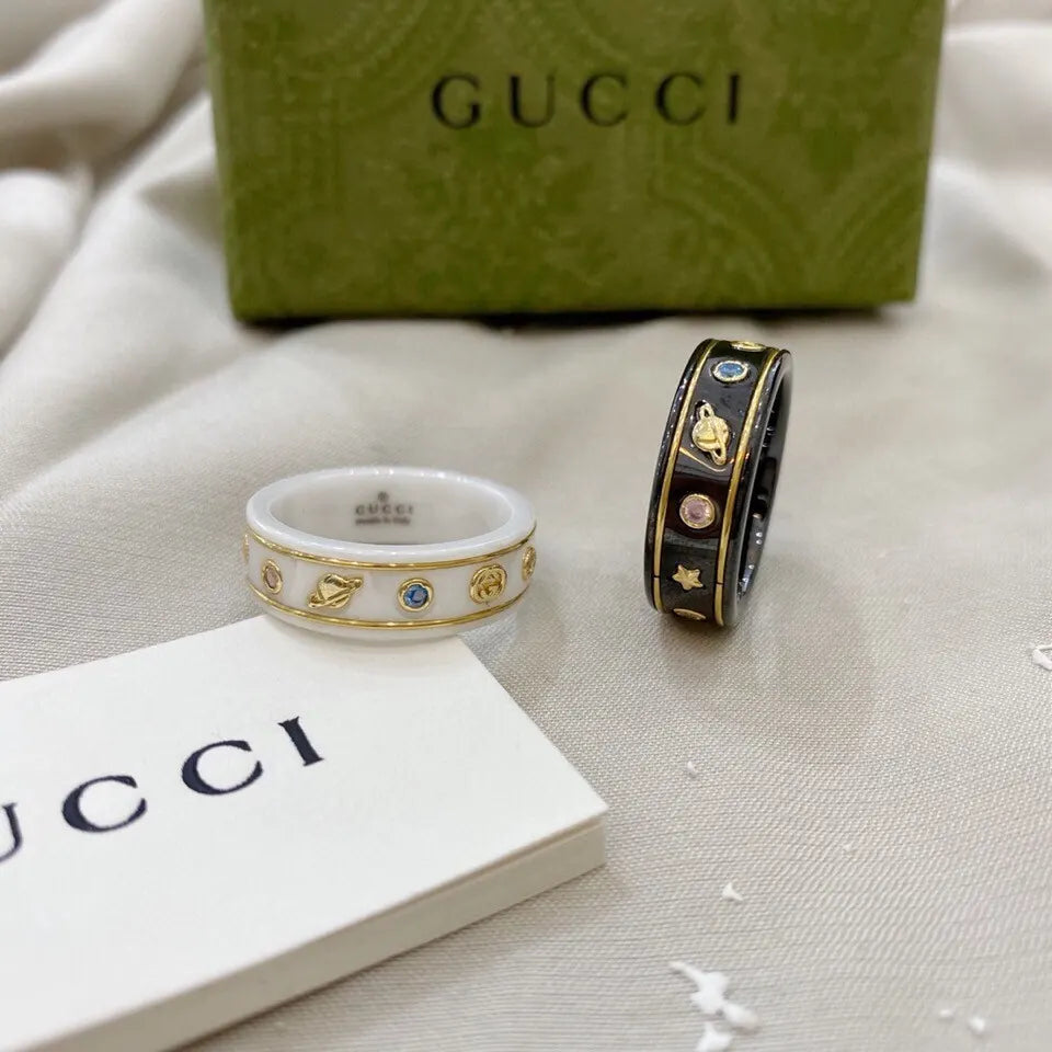 Gucci Ceramic Ring: White & Black Enamel, Gold Accents