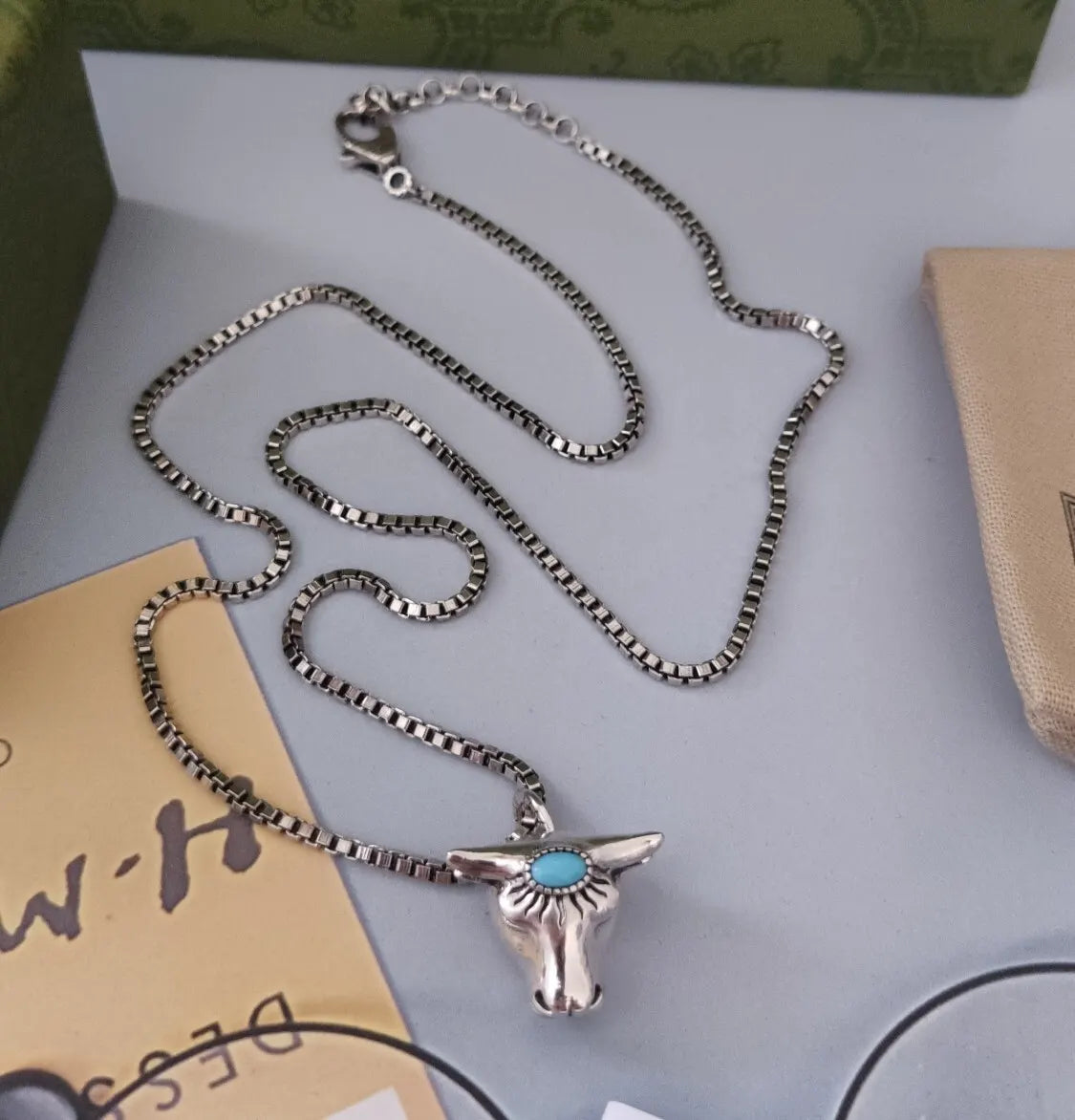 Gucci Silver Bull Head Necklace - Turquoise Accent