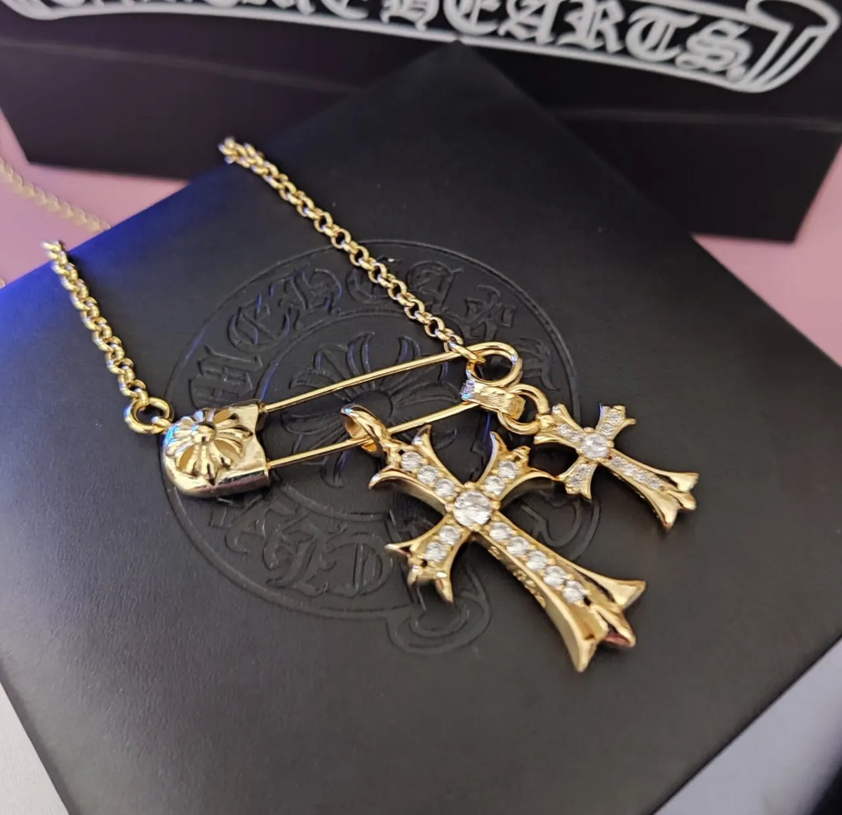 Chrome Hearts Gold Safety Pin Cross Necklace - Pave Diamonds