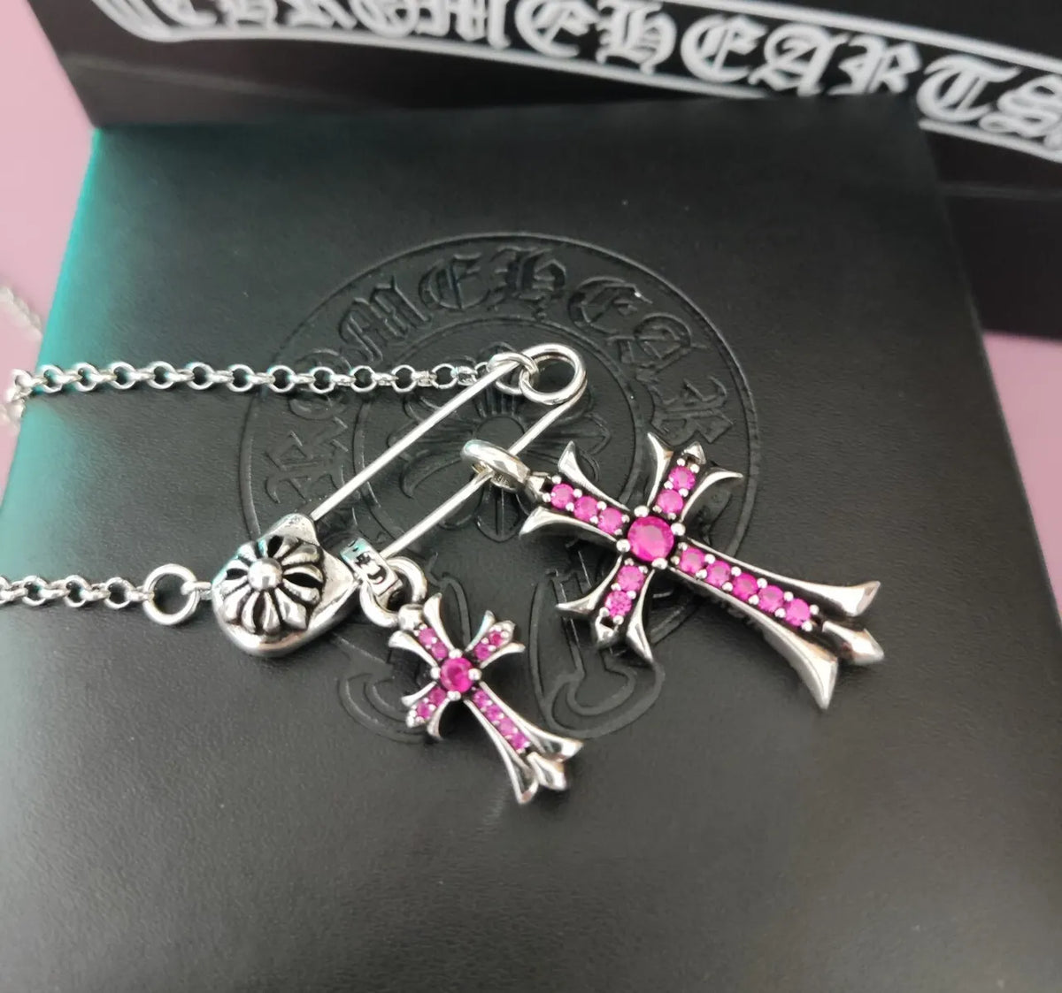 Chrome Hearts Pink Cross Necklace - Chrome Hearts Silver Pink Cross