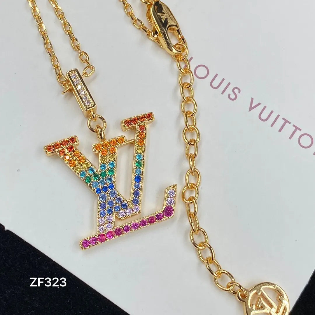 LV Rainbow Crystal Necklace - LV Rainbow Crystal Logo Pendant Necklace