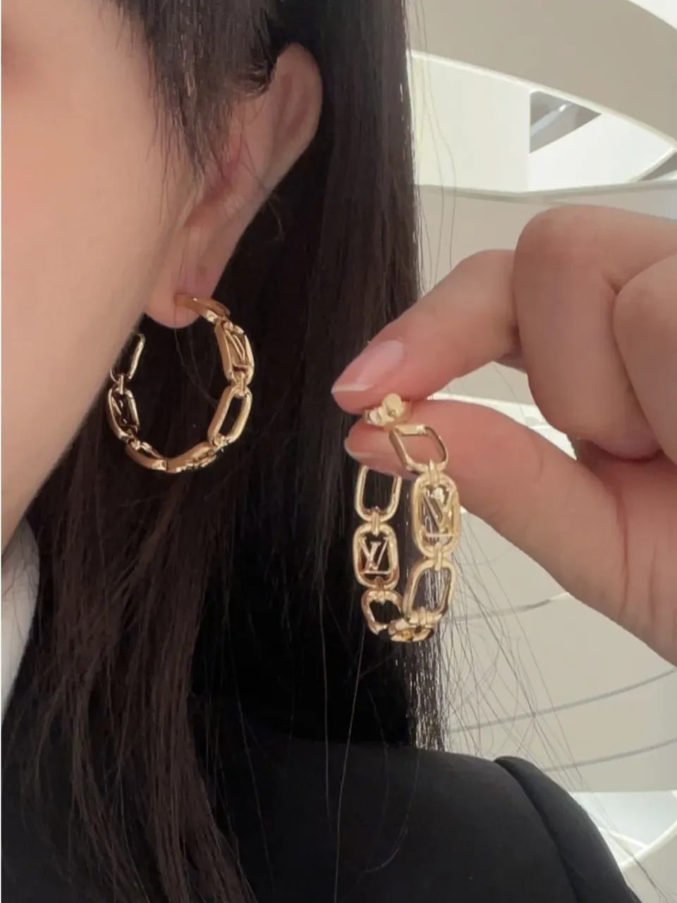 Louis Vuitton Gold Chain Hoop Earrings - Designer Fashion