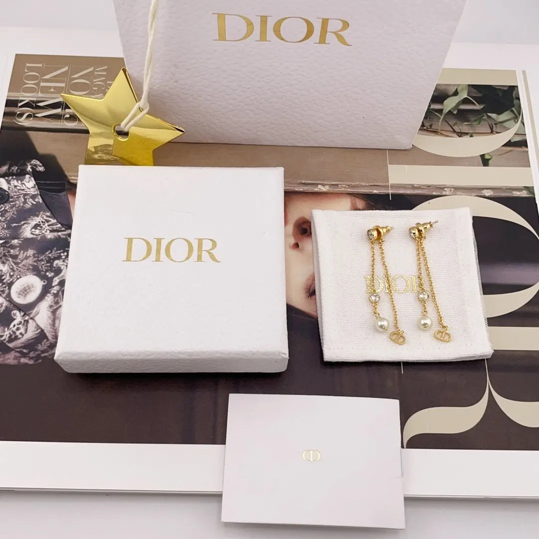 Dior Gold Pearl Drop Earrings - Dior Gold-Tone Finish Crystal & Pearl