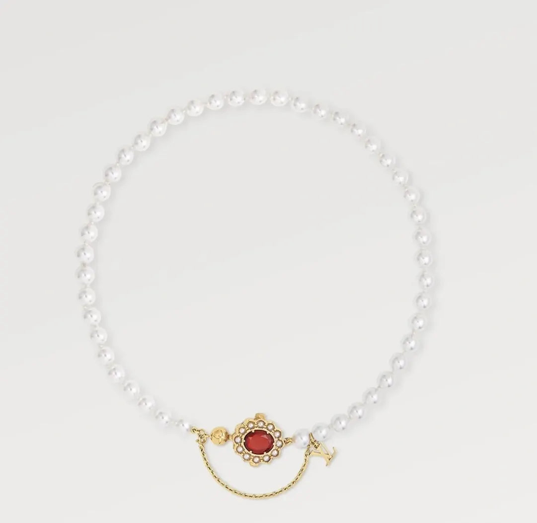 LV Pearl Necklace Red Stone Pendant - Statement Jewelry