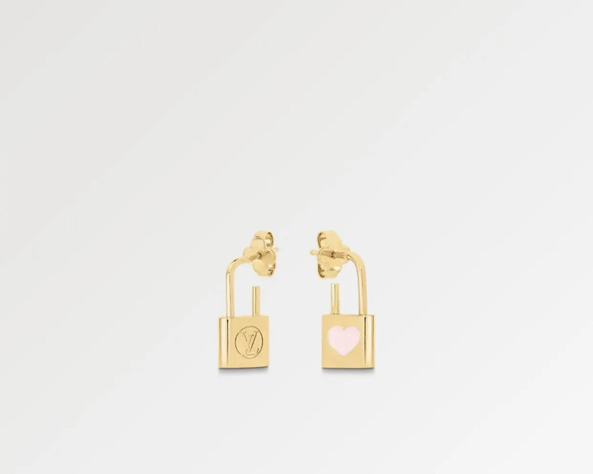 Louis Vuitton Lock Earrings Gold Pink Heart - Designer