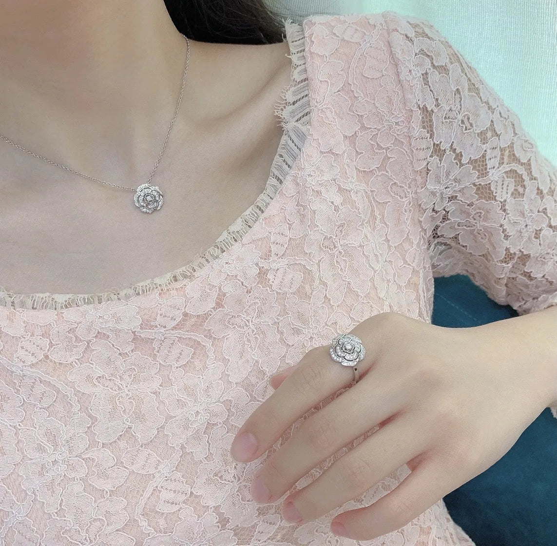 Chanel Silver Camellia Diamond Set - Chanel Silver Camellia Diamond