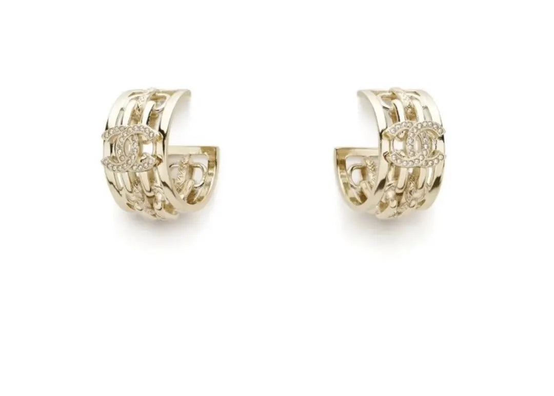 Chanel Gold Crystal CC Hoop Earrings - Designer Jewelry