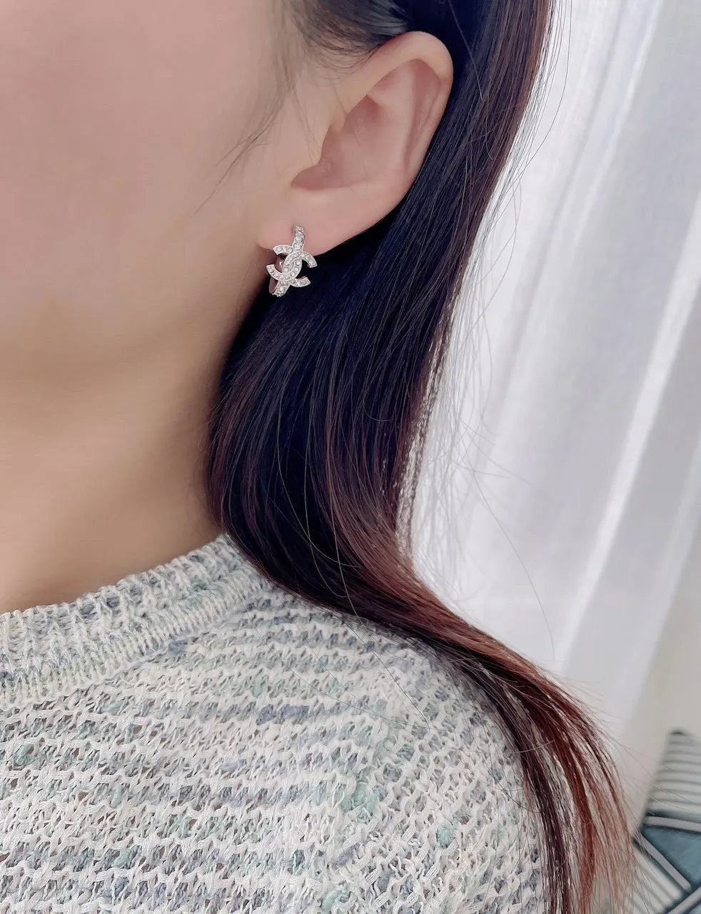Chanel Silver Crystal Leaf Hoop Earrings - Designer Jewelry