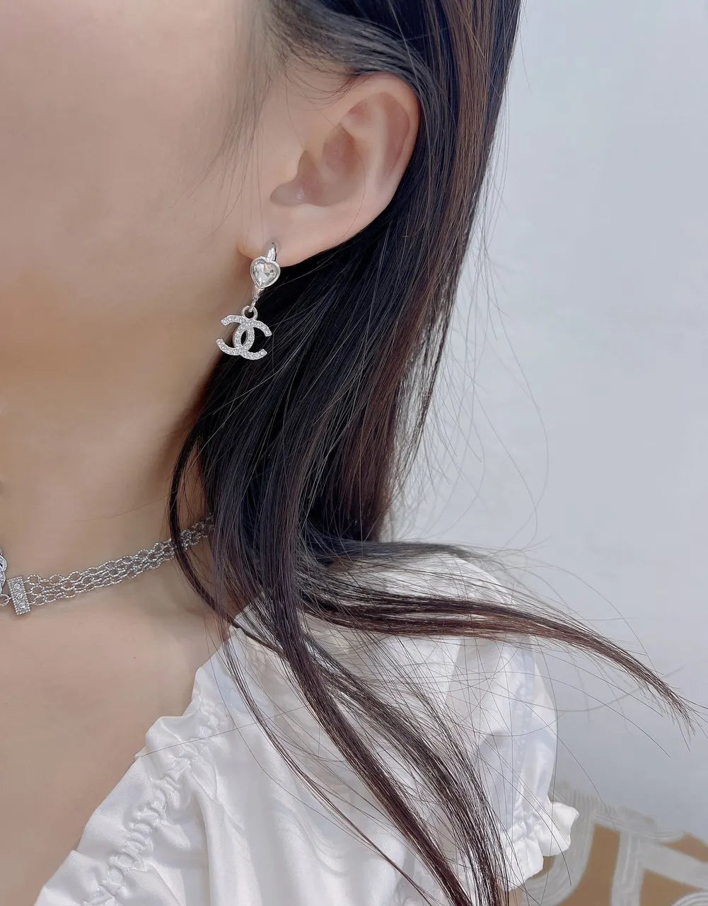 heart Chanel Silver Crystal CC Earrings - Chanel Silver Crystal CC