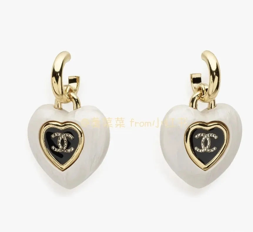 Chanel White Heart Hoop Earrings - Gold CC Logo