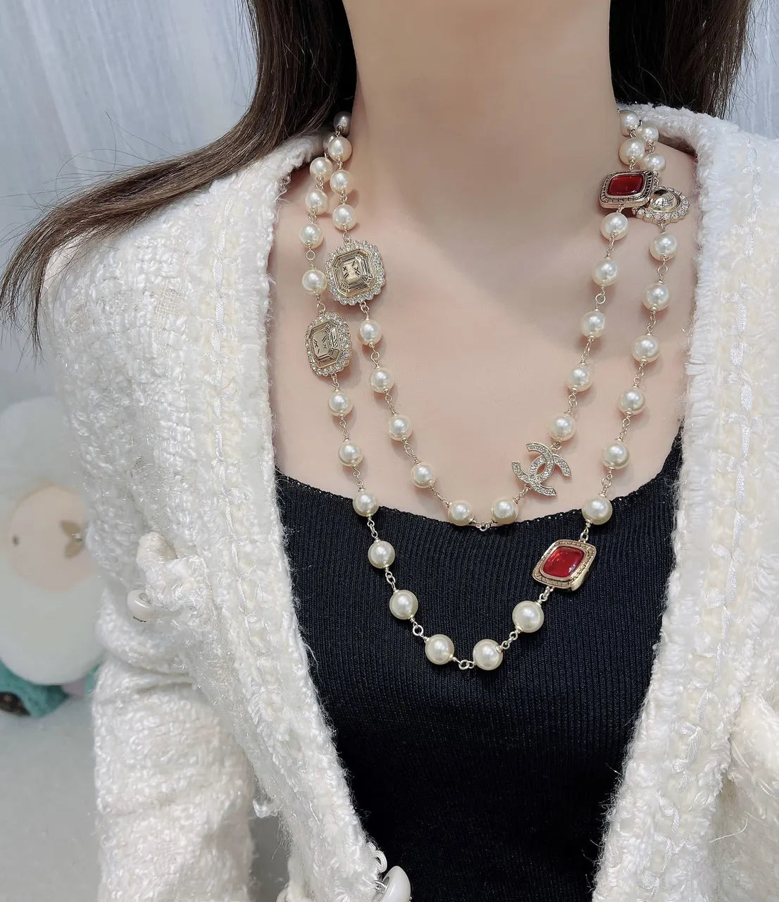 Chanel Pearl Red Stone CC Necklace - Statement Luxury