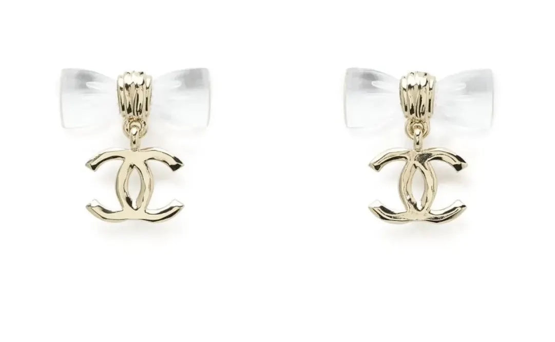 Chanel Gold Lucite Bow Earrings - Chanel Gold Logo Earrings w/ Lucite