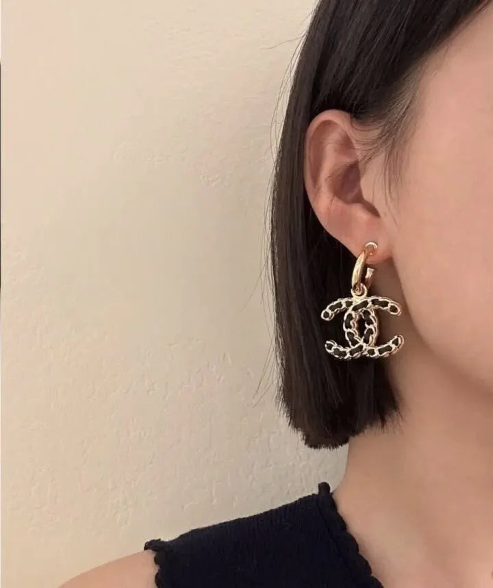 Chanel Gold Black CC Hoop Earrings - Chanel Gold & Black Chain CC Hoop