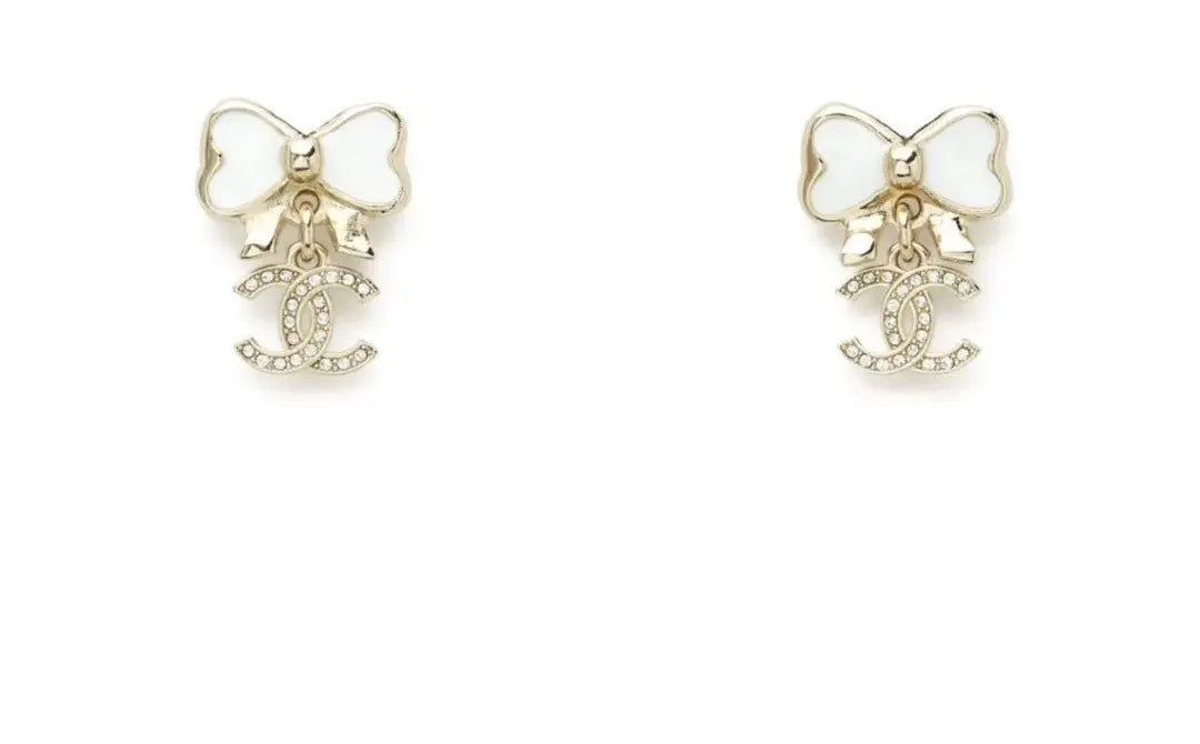 Chanel White Bow CC Logo Earrings - Designer Studs