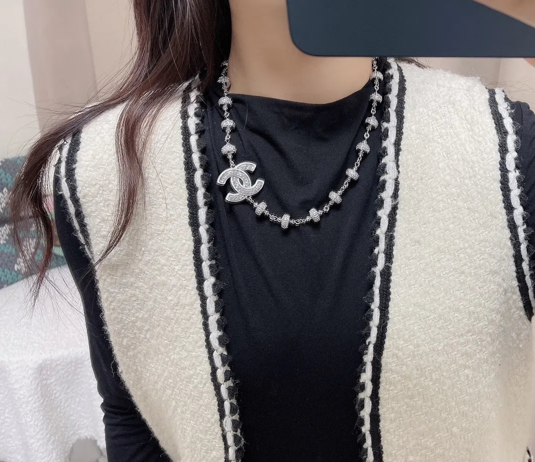 Chanel Silver Crystal CC Ball Necklace - Elegant Design