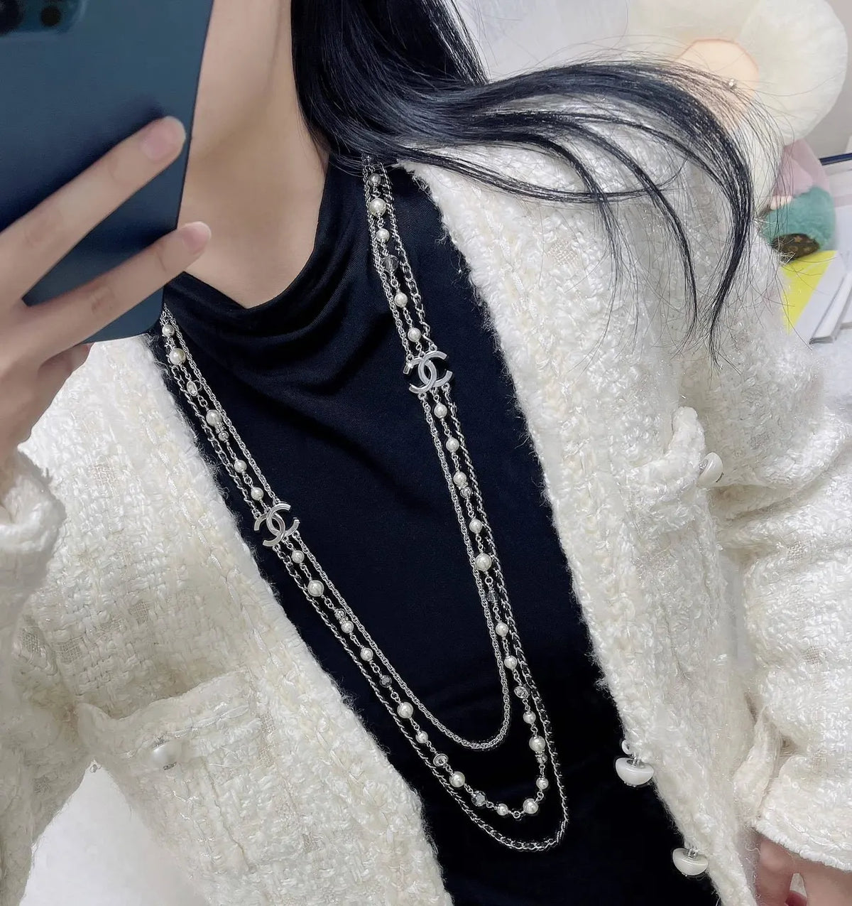 Chanel Silver Pearl Long Necklace - Chanel Silver Chain Pearl Long