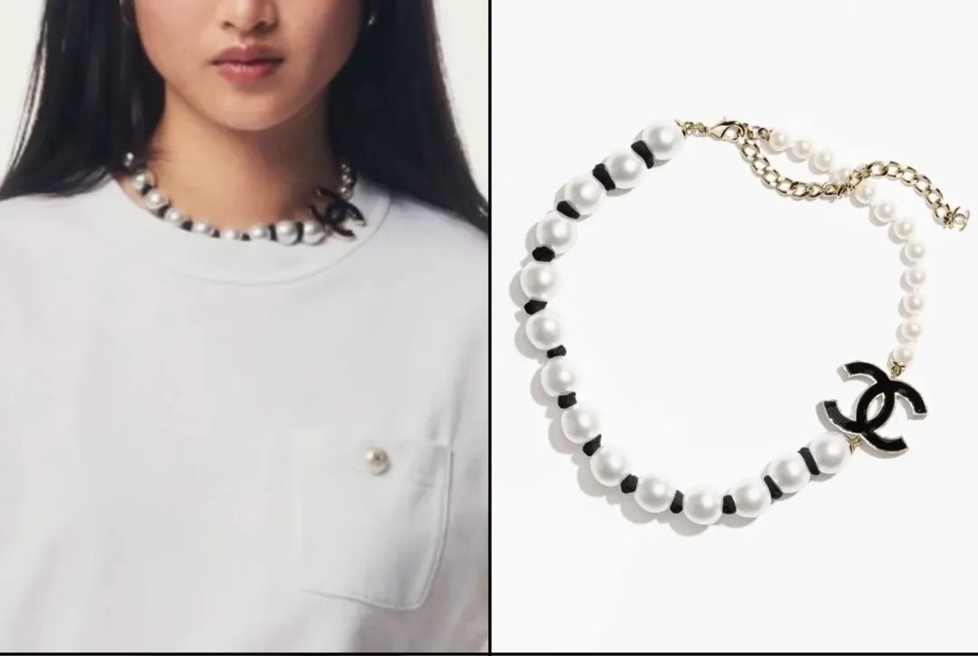 Chanel Black & White Pearl Necklace - CC Logo