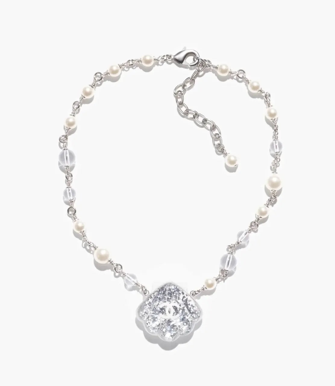 Chanel Silver Pearl Necklace - Chanel Silver Pearl CC Flower Necklace