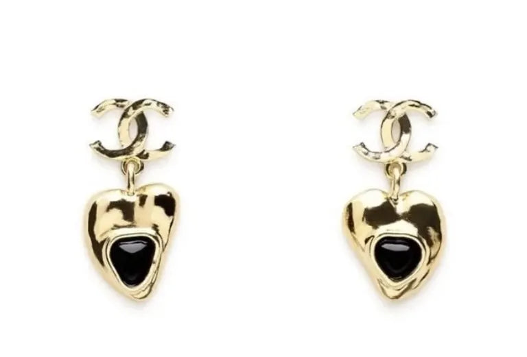 Chanel Gold Heart Earrings Black Stone - Chanel Gold Heart Black Stone