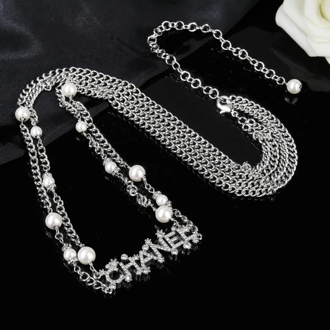 rhinestone Chanel Silver Chain Pearl Belt - Chanel Silver Chain Pearl
