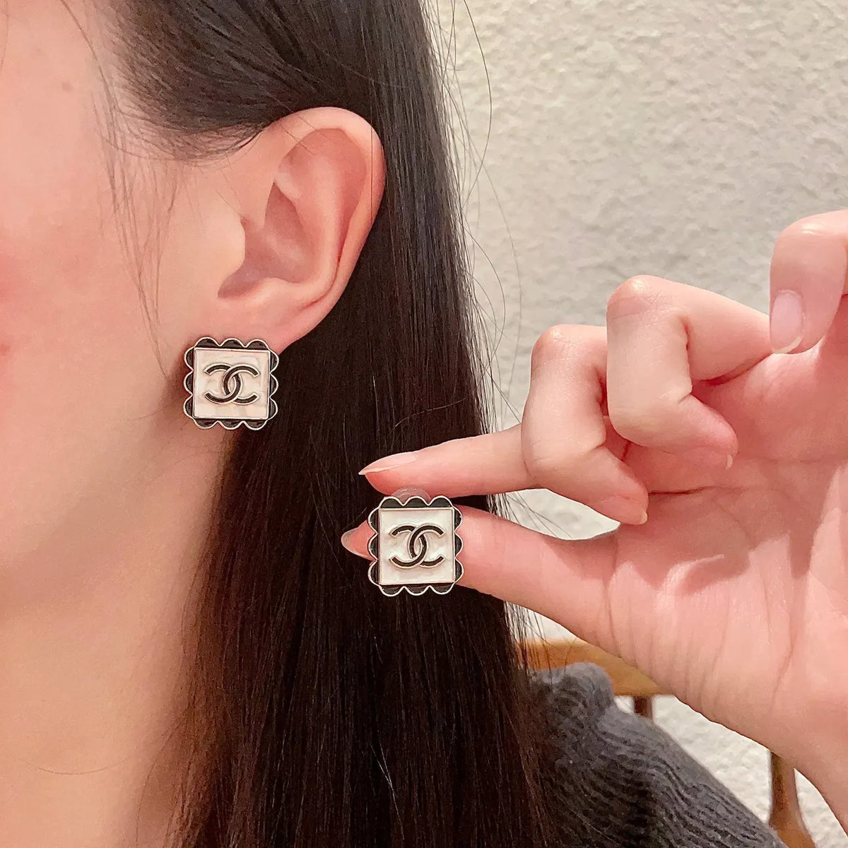 Chanel Cream Black Square Earrings - Chanel Cream & Black Square