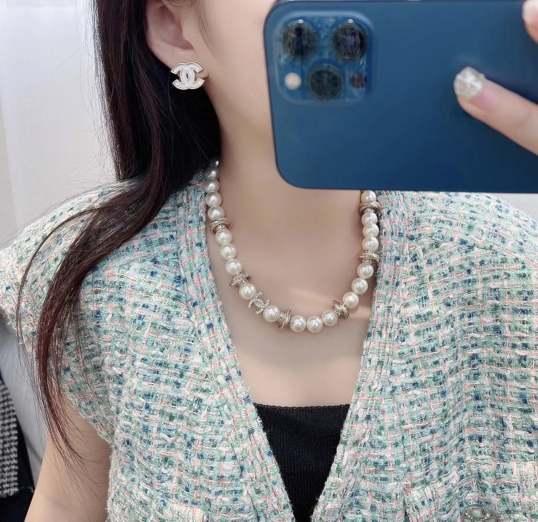 Chanel Pearl Necklace Gold CC Logo - Classic Elegance