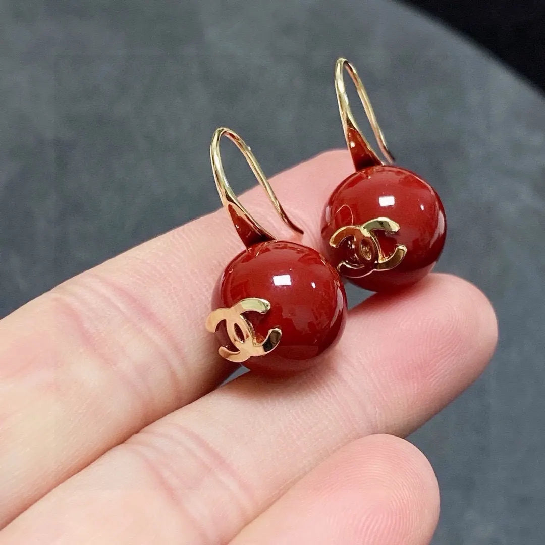 Chanel Red Resin Earrings - Chanel Red Resin Ball Drop Earrings Gold