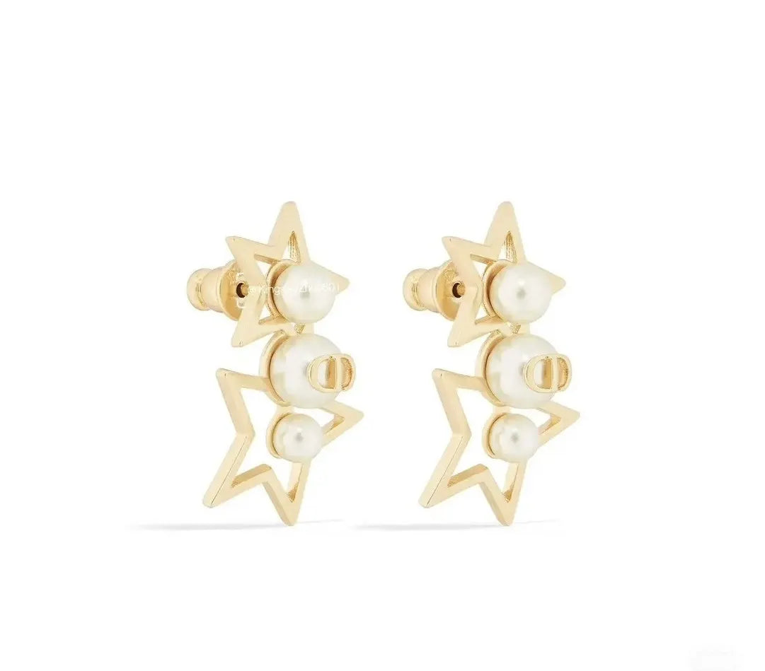 asymmetrical Dior Gold Star Pearl Earrings - Dior Gold Star Pearl
