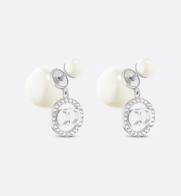 Dior Silver Pearl CD Earrings - Crystal Accents