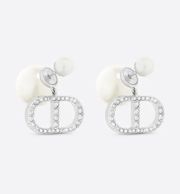 Dior Silver Crystal CD Pearl Earrings - Timeless Elegance