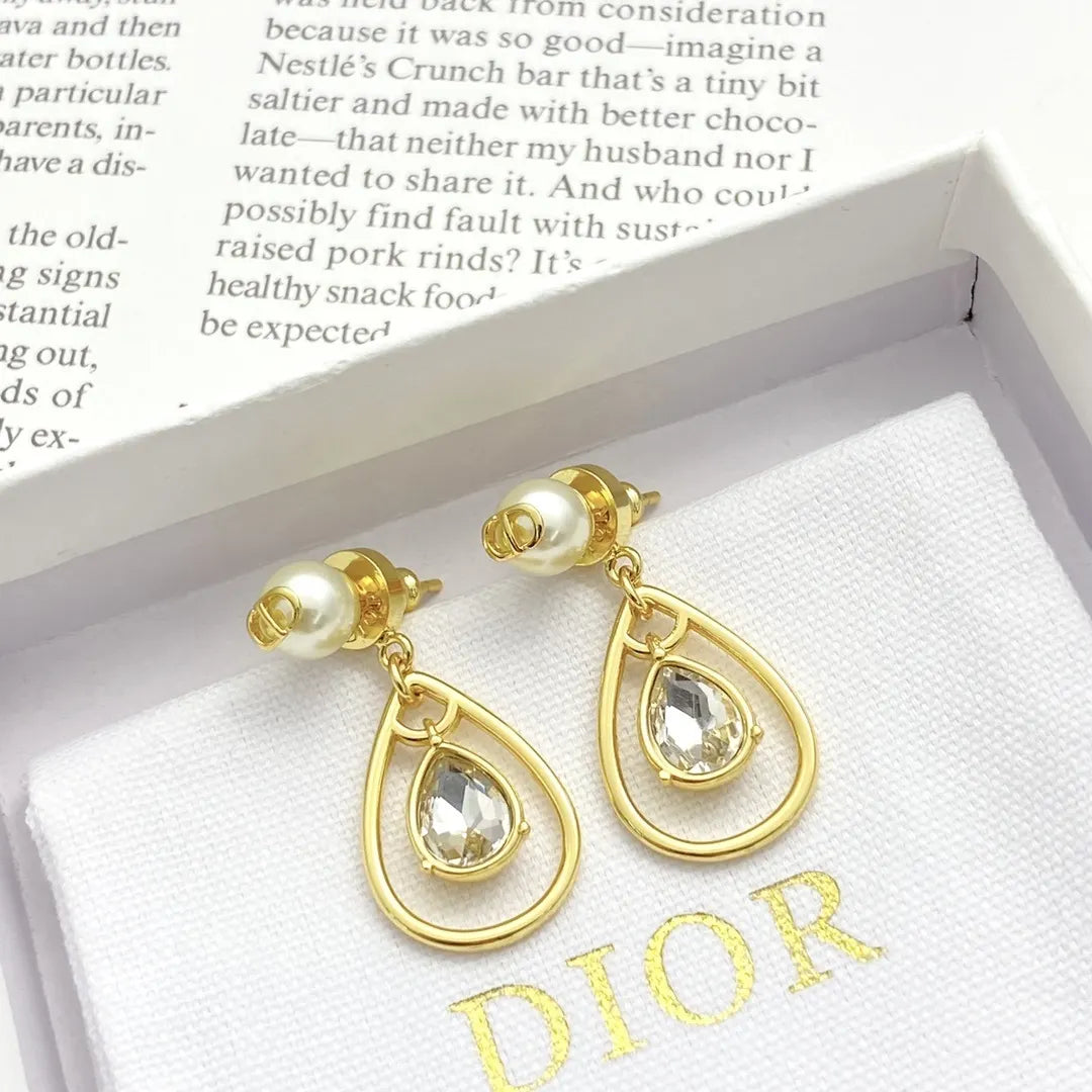 Dior Gold Teardrop Earrings - Pearl & Crystal Accents