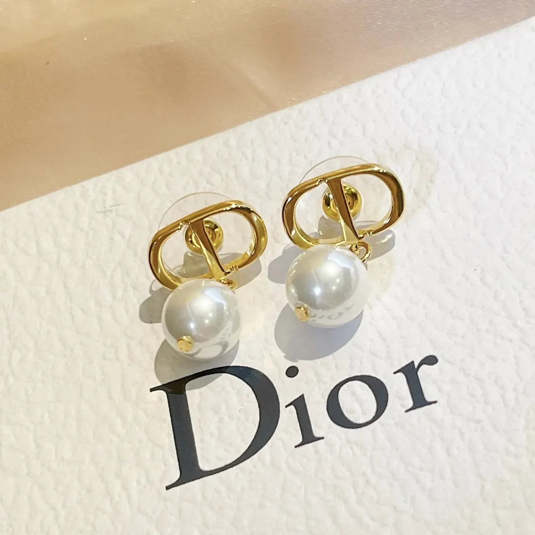 Dior Gold & Pearl Drop Earrings - Elegant CD Design