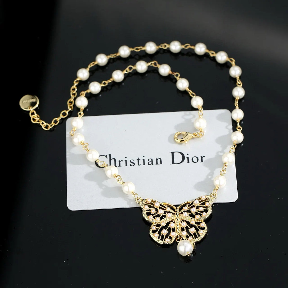 elegant Dior Gold Butterfly Pearl Necklace - Dior Gold Butterfly Pearl