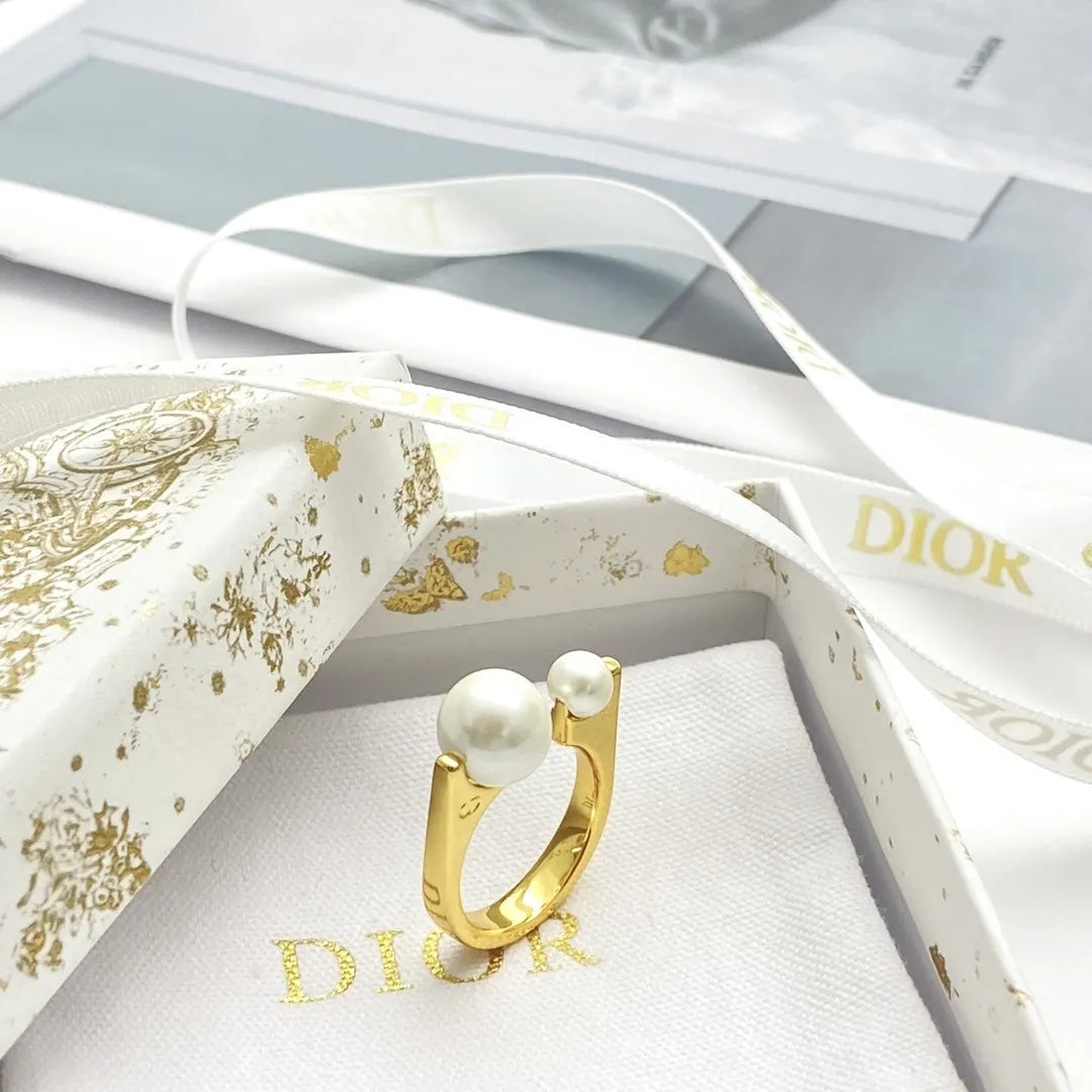 Dior Gold Finish Pearl Ring - Elegant Open Design