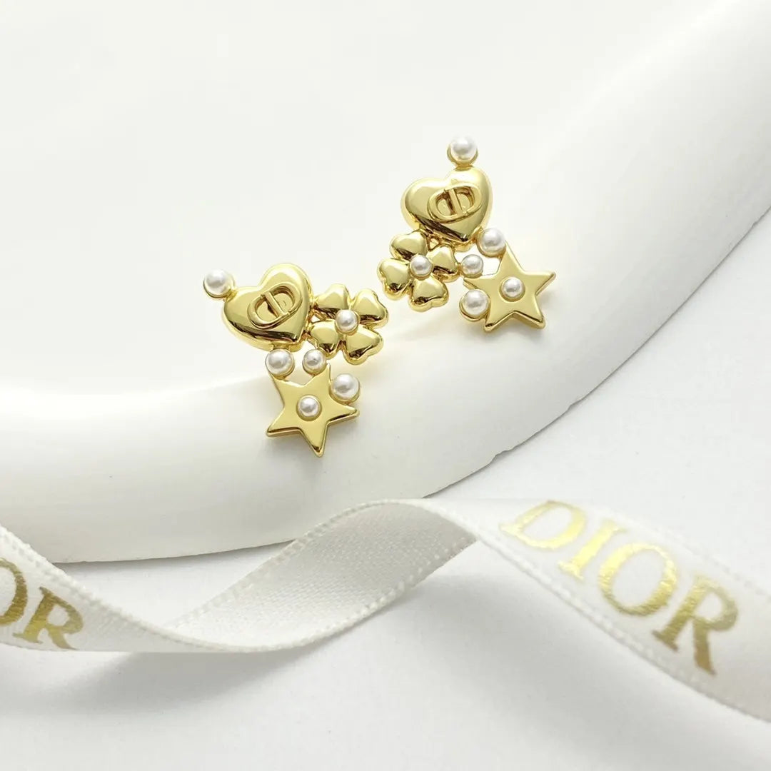 Dior Gold Heart Star Pearl Earrings - Iconic Design