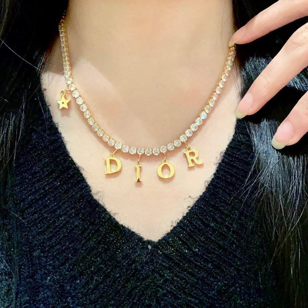 Dior Gold Crystal Necklace - Dior Gold Crystal Letter Necklace